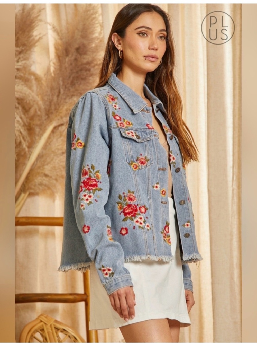 Savanna Jane Light Wash Denim Jacket with Embroidered Floral Accents